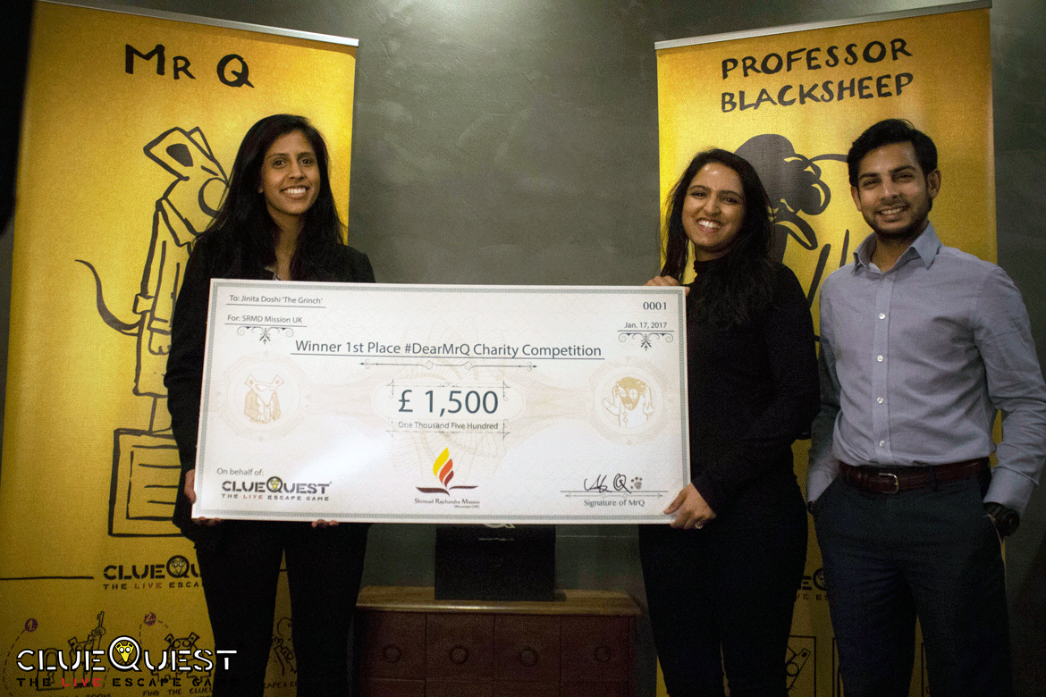 (From left to rigth) Namrata Virani, Jinita Doshi and Bhavik Udani with the £1,500 cheque at the clueQuest HQ