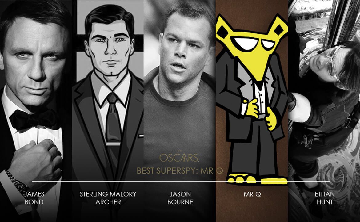 Mr Q and the other nominees at the Oscars. From lest to right James Bond, Sterling Archer, Jason Bourne., Mr Q and Ethan Hunt