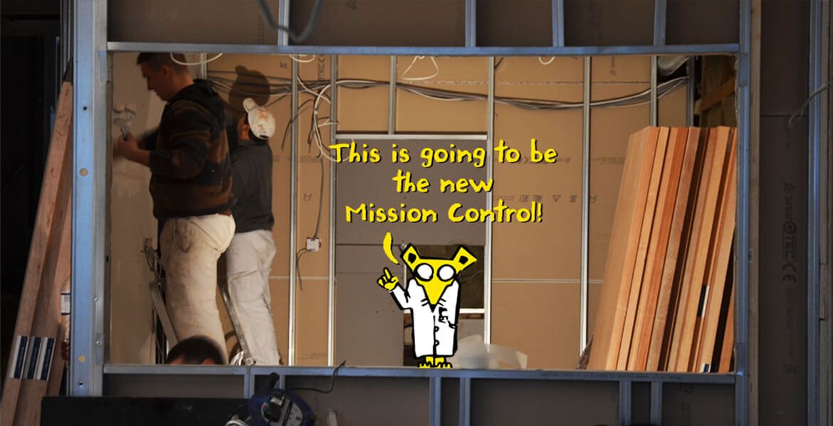 MrQ saying This is going to be the new Mission Control at the construction site of the new clueQuest HQ